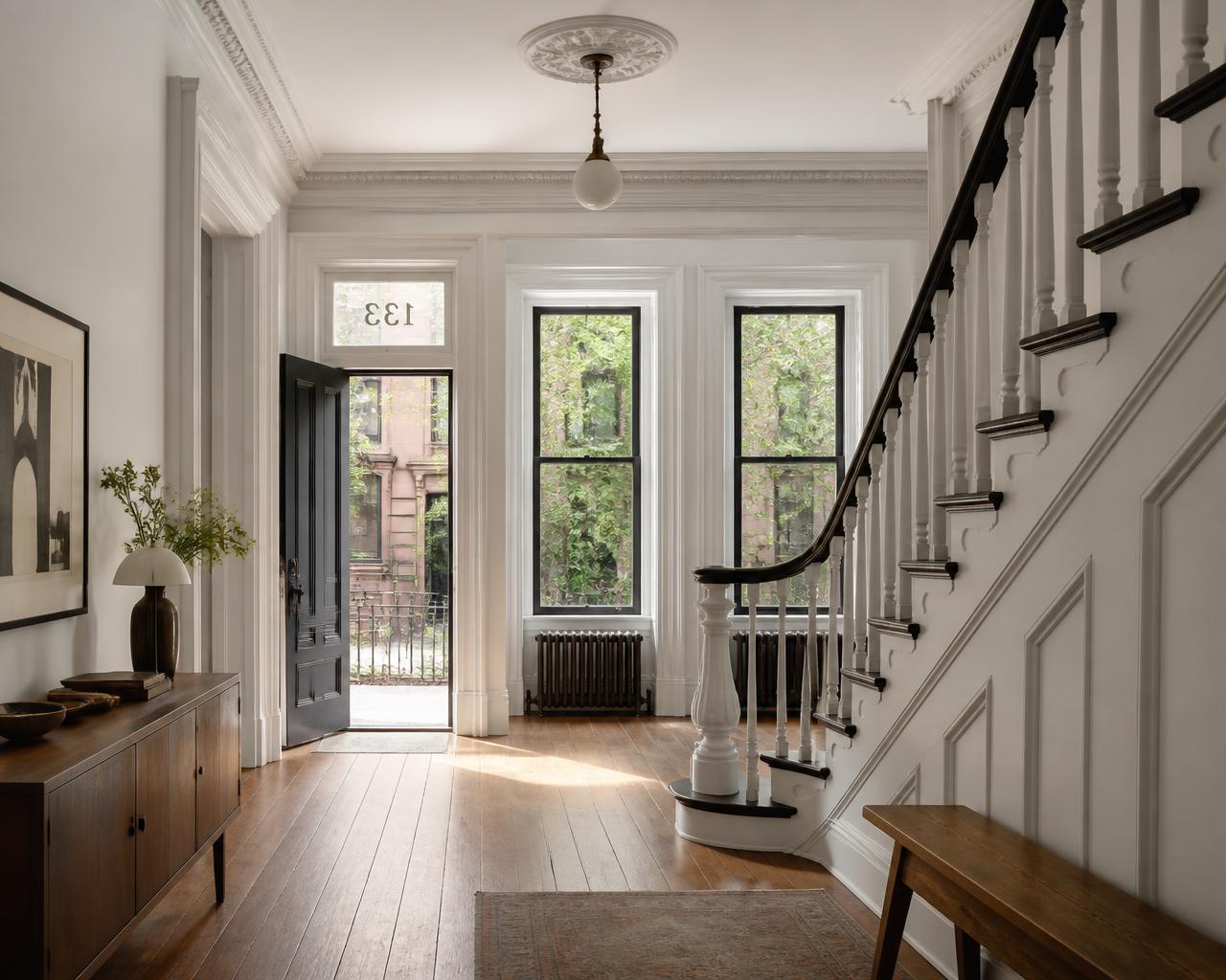 Sunlit entryway of a Brooklyn brownstone with polished hardwood floors